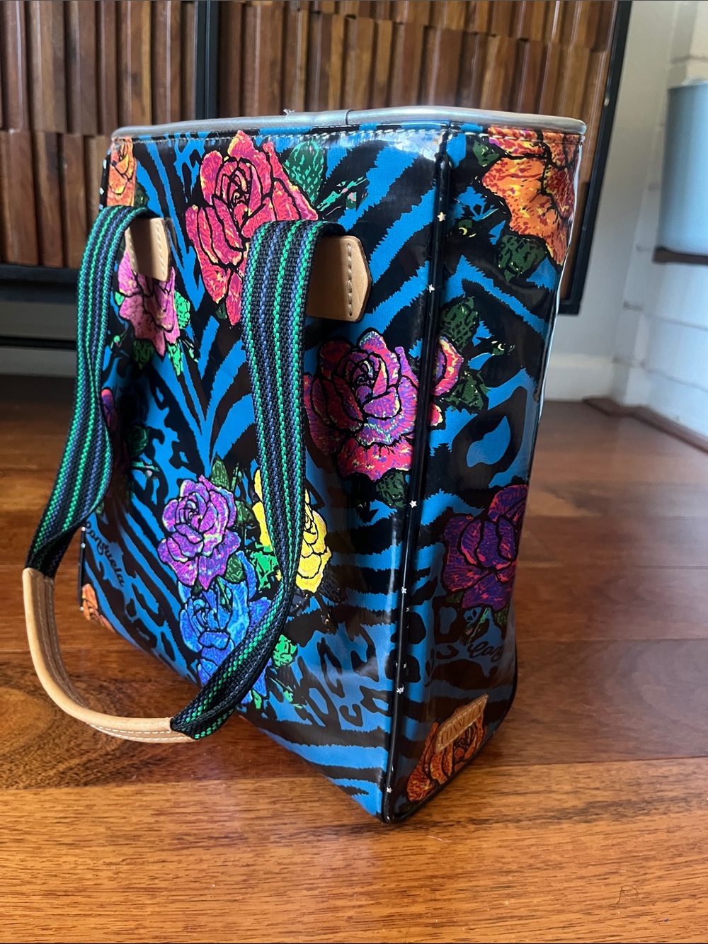 Consuela Blue Zebra Floral Tote with Multicolor Roses